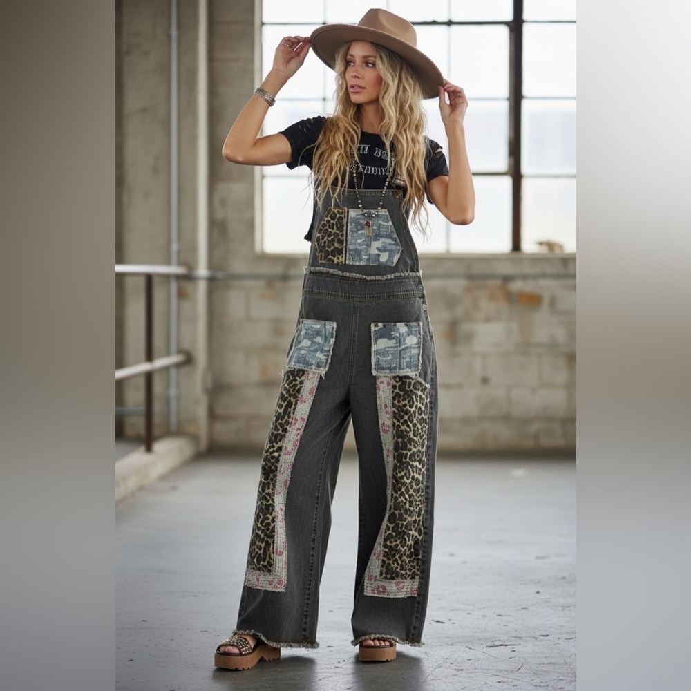 POL Patchwork Leopard Print Floral Camo Patch Boho Overalls